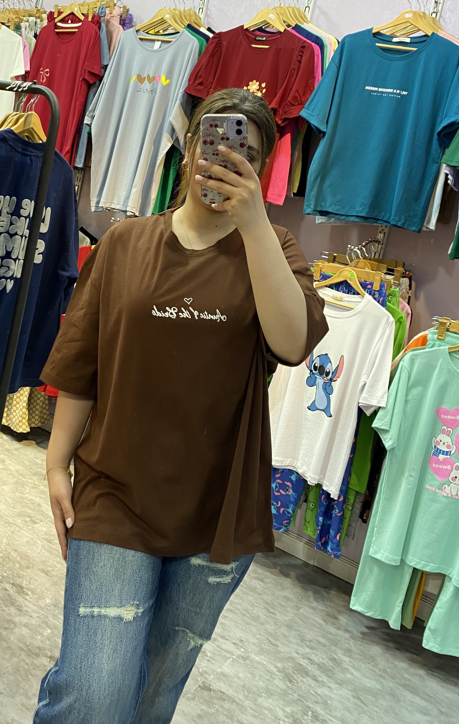 تیشرت باكسي قلب قهوه اي تك رنگ❤️