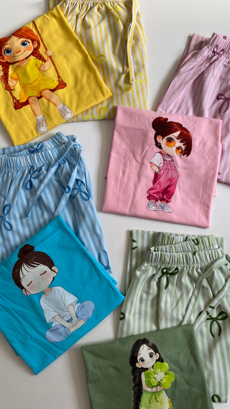 ست تيشرت باكسي شلوار پاپيون دختر🎀